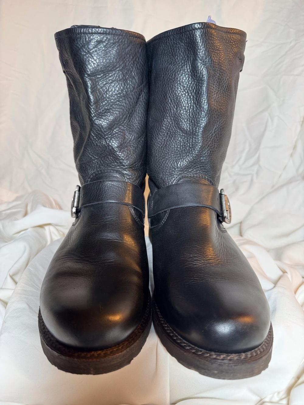 Frye Black Leather Midcalf Moto Harness Boots with Silver Buckles